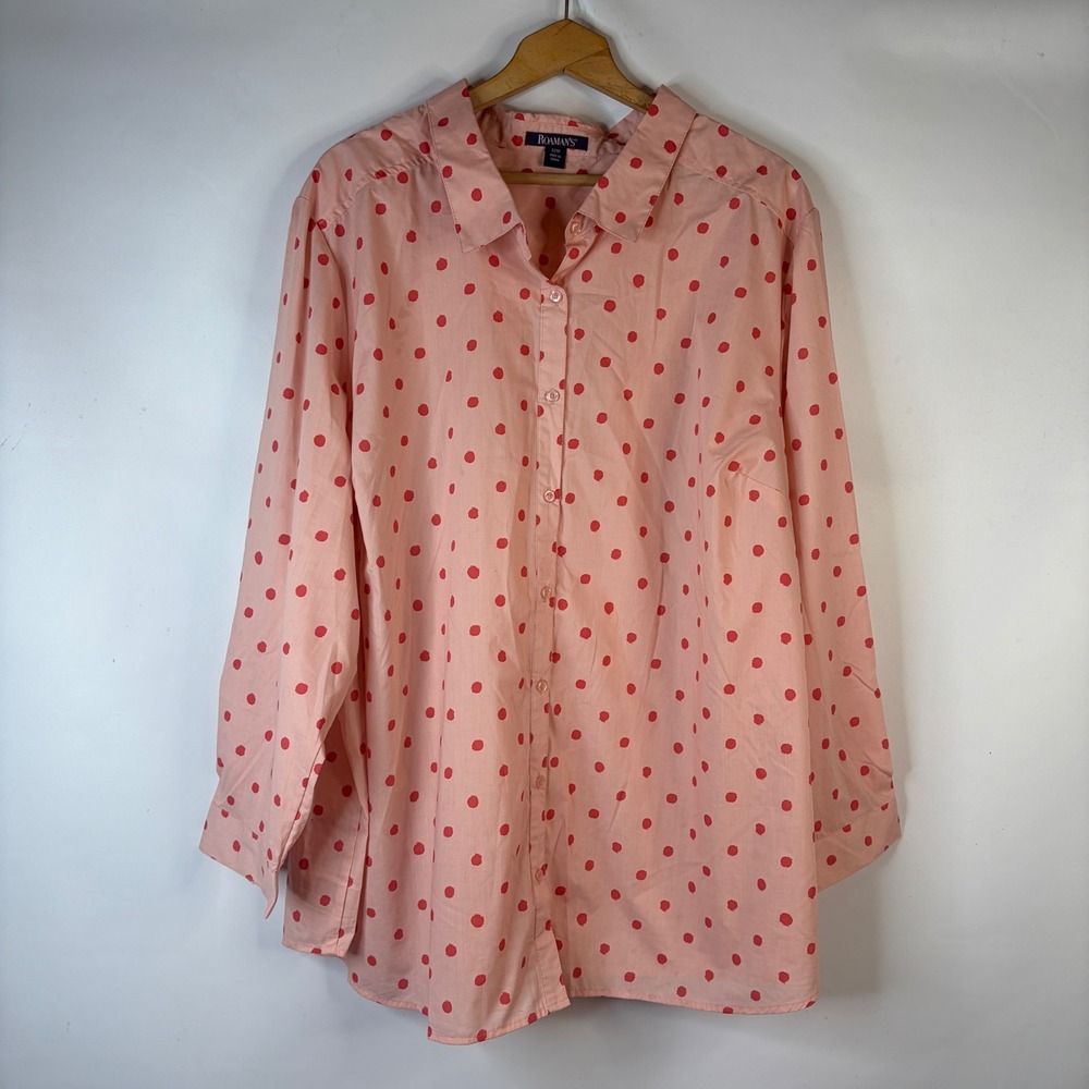 Roaman's Button Up Shirt Women 32W Peach Red Polka Dot Long Sleeve Tunic